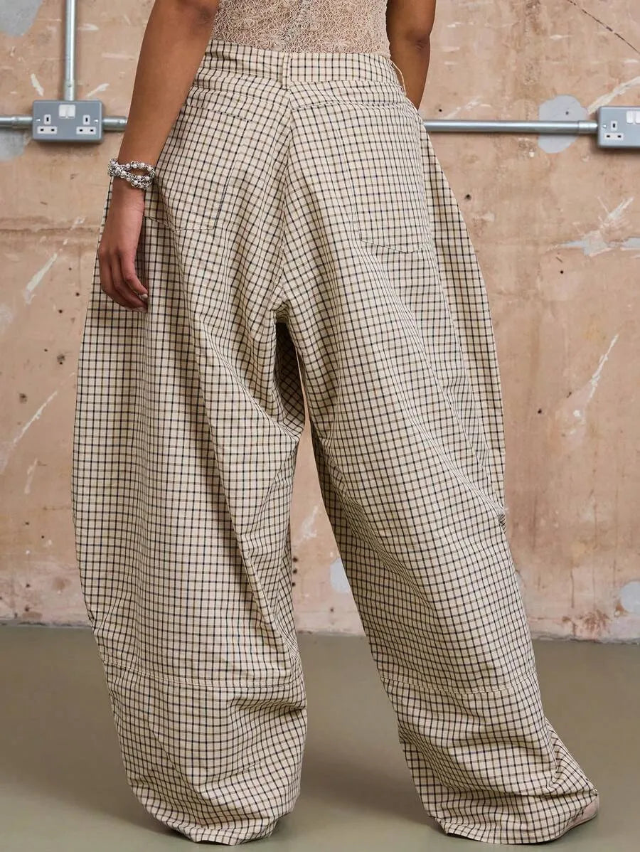 Baggy Barrell Fit Check Trousers Cotton