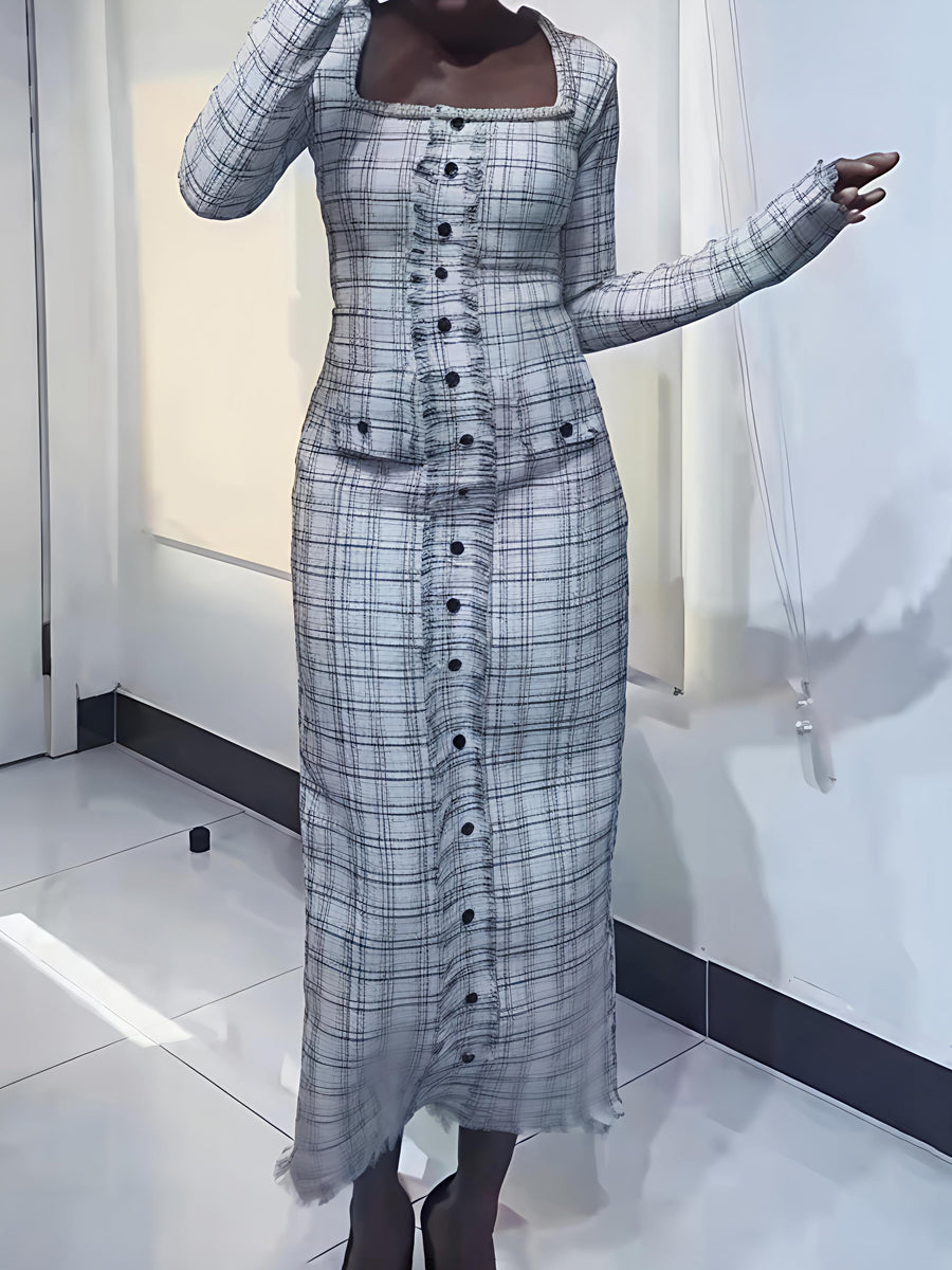 Faux Pearl Square Collar Tweed Dress