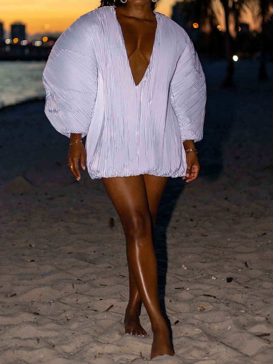 Deep V Neck Pleated Mini Dress