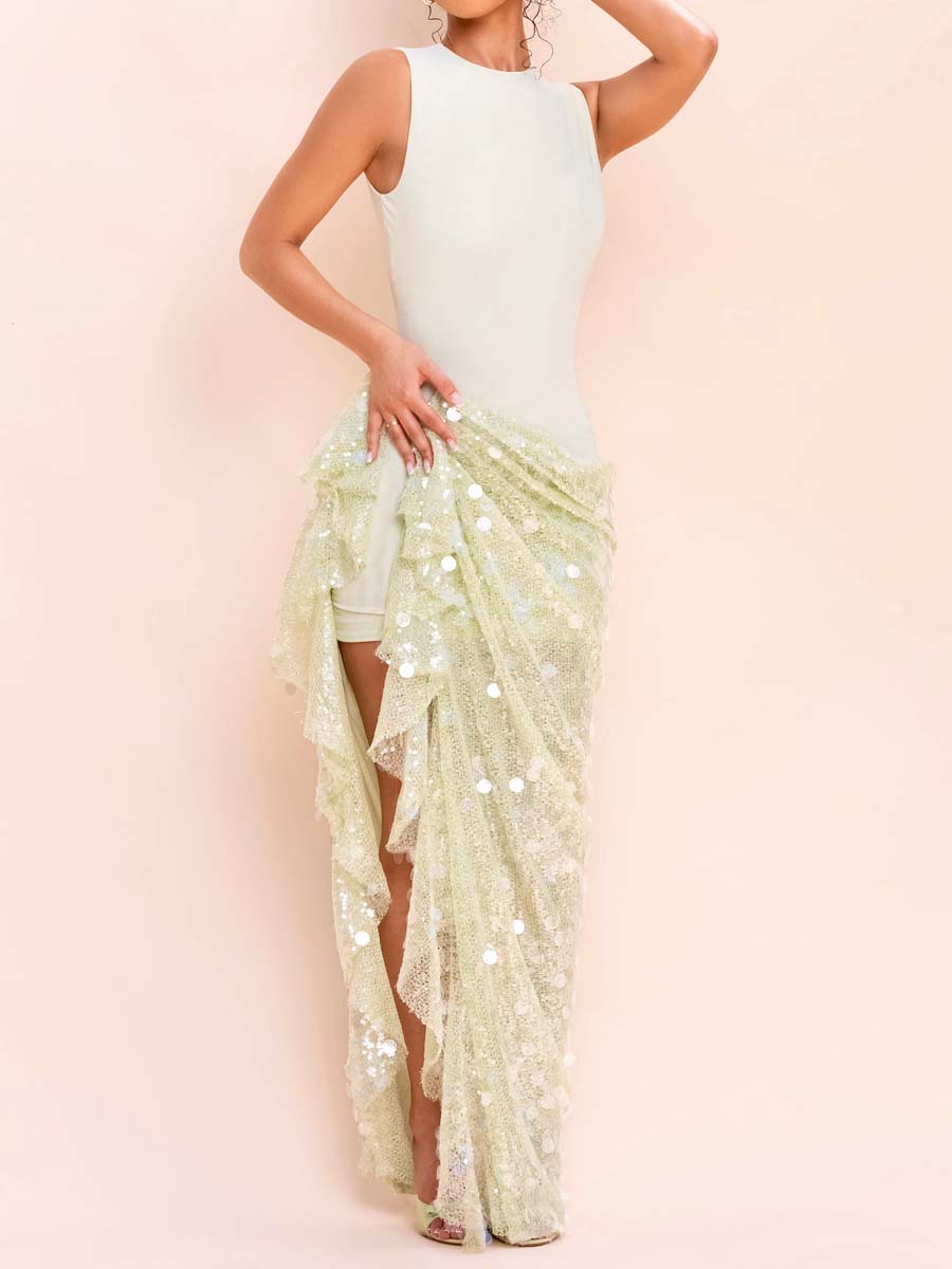 Sequin Draped Mesh Dress