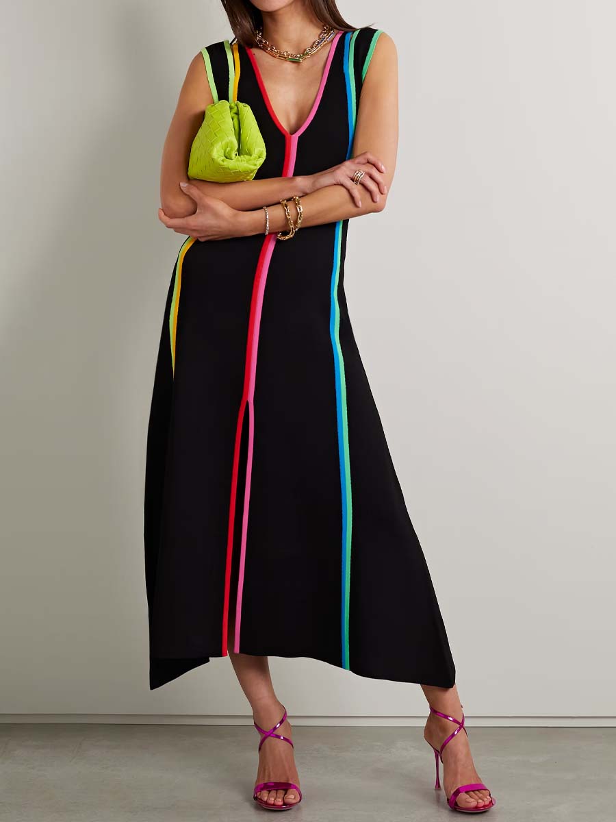 Deep V Neck Striped Stretch-knit Midi Dress