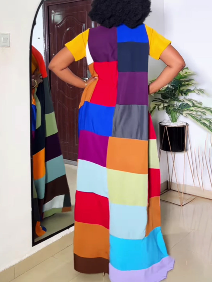 Fashion V Neck Color Block Dress