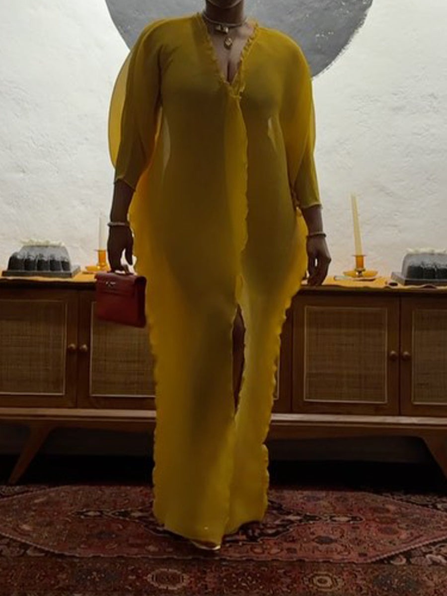 Deep V Neck Pleated Slit Hem Dress