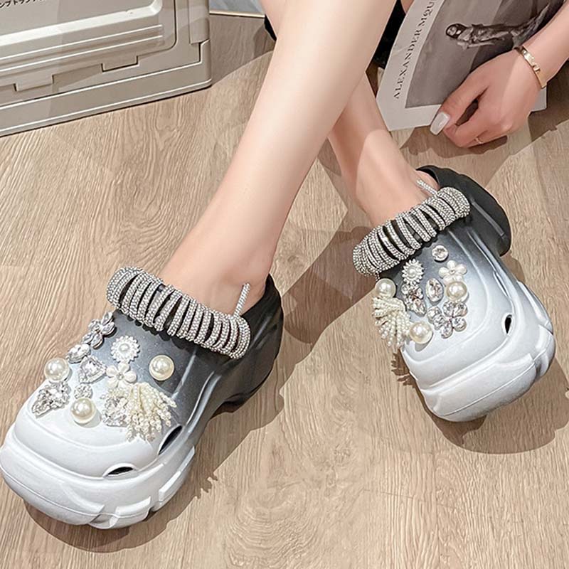Pearl Rhinestone Chain Platform Hole Shoes Slippers