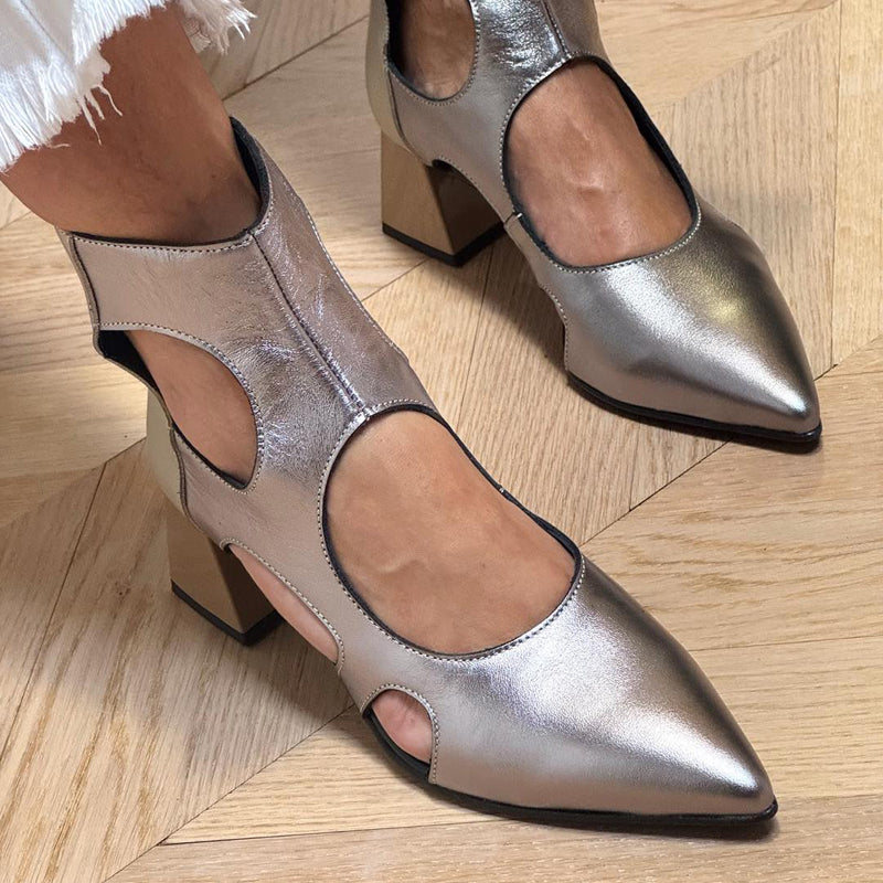 Pointed Block Heel Cutout Ankle Boots