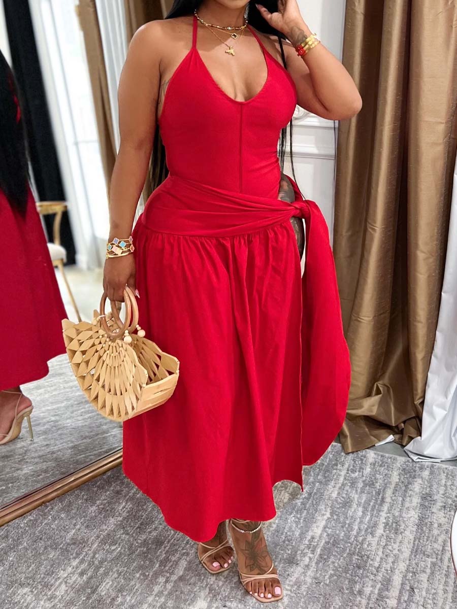 Fashion Sexy Backless Lace-Up Two Pieces Dress