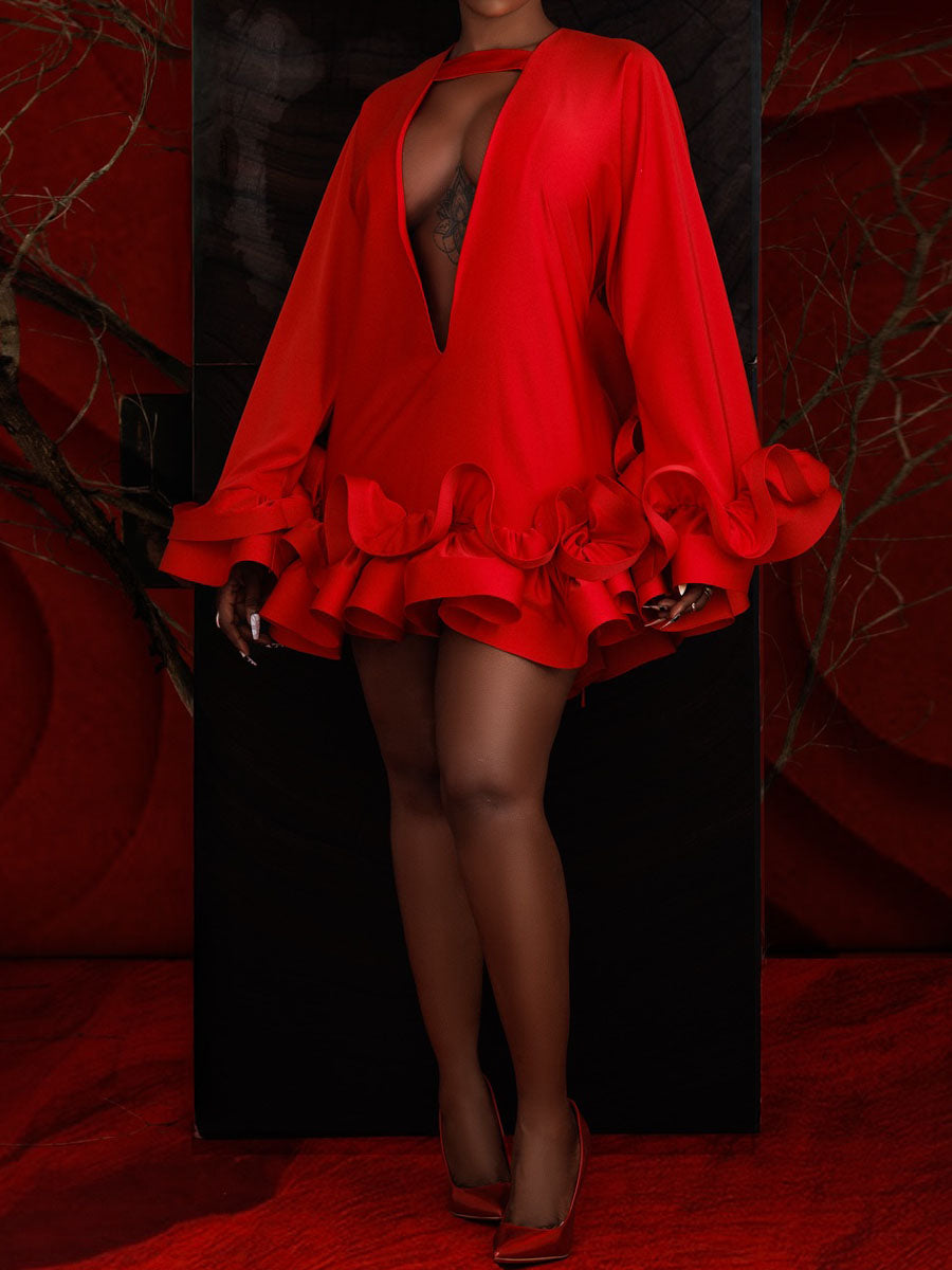 Flouced Deep V Neck Mini Dress