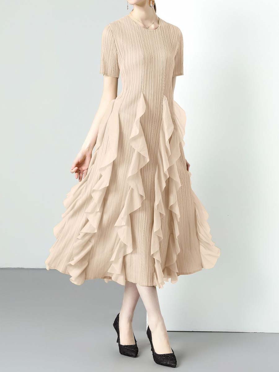 Ruffled Edges Round Neck High Waist Dress