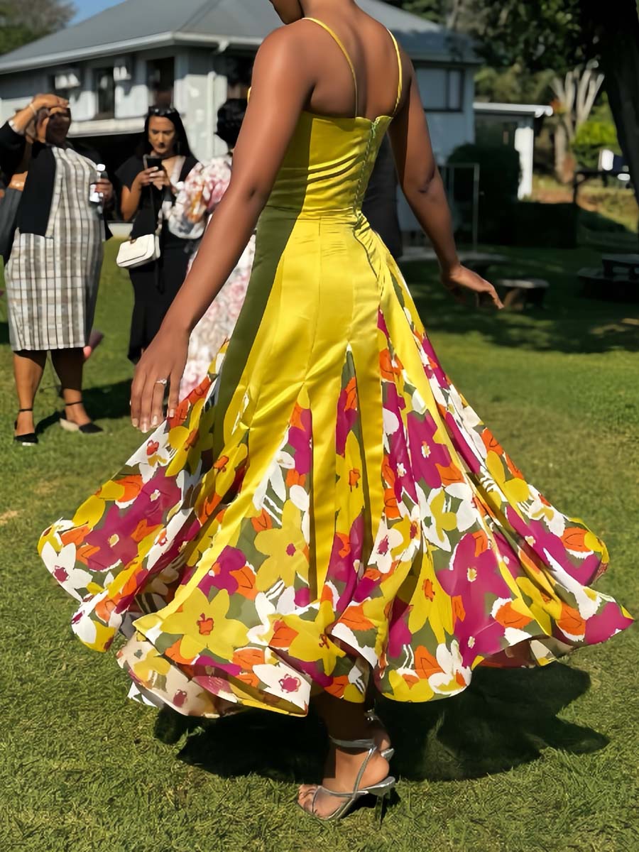 Floral Print Patchwork Sling Dress