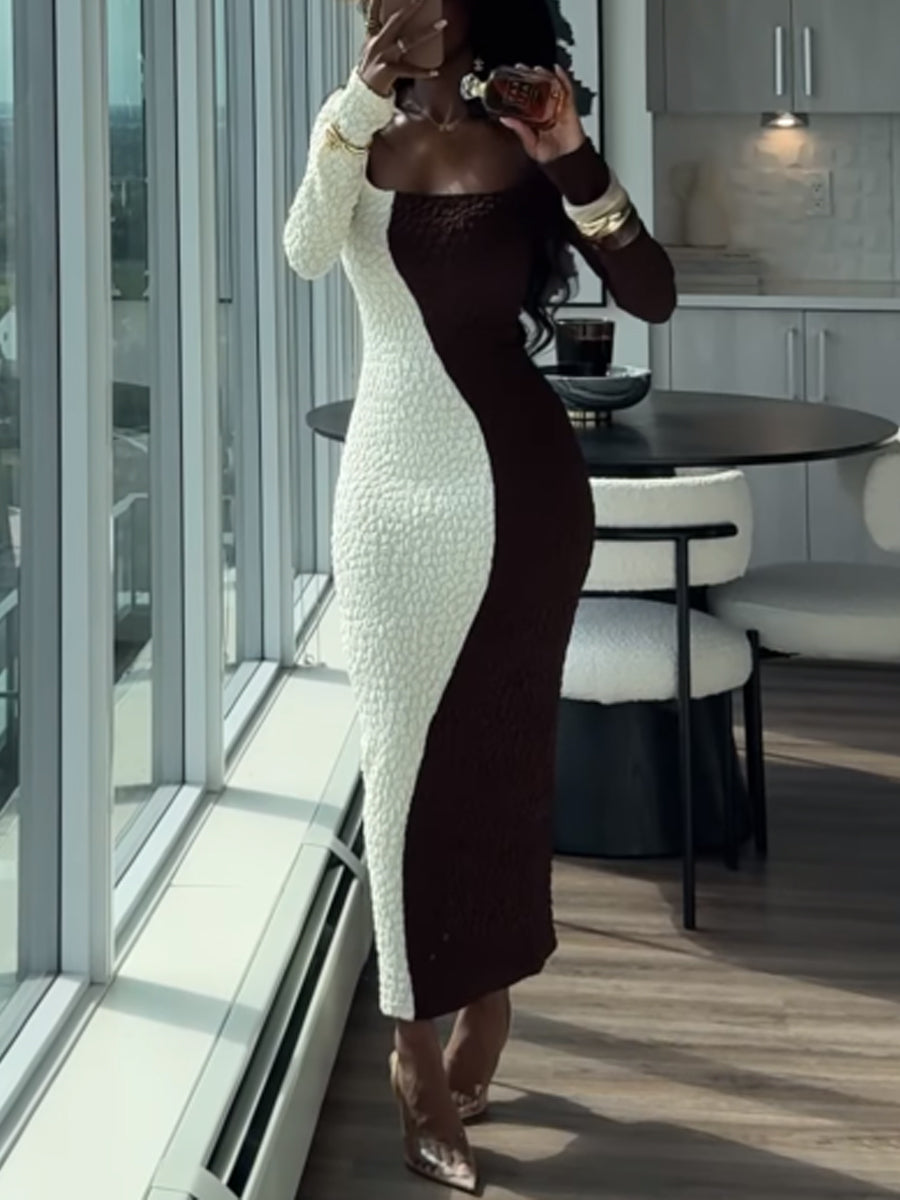 Square Collar Color Block Maxi Dress