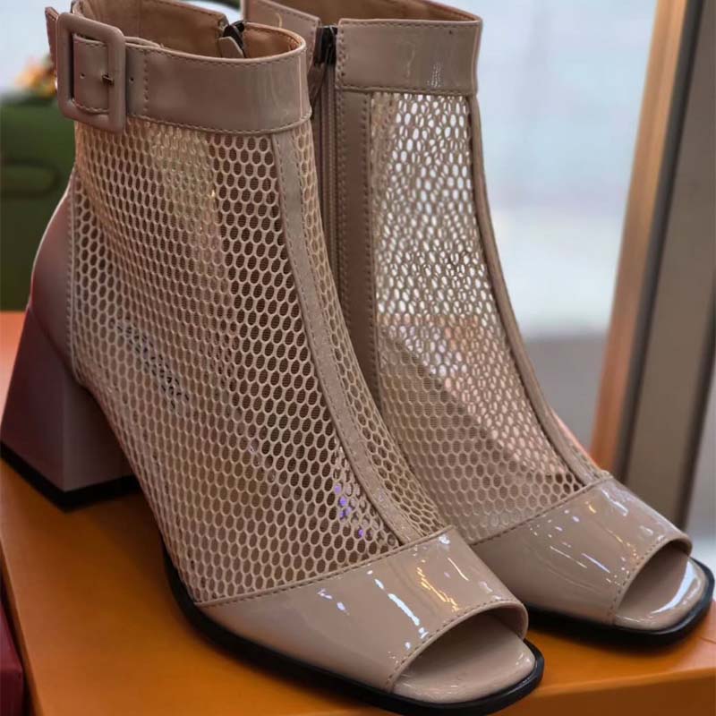 Thick-Heeled Fishmouth Mesh Ankle Boots