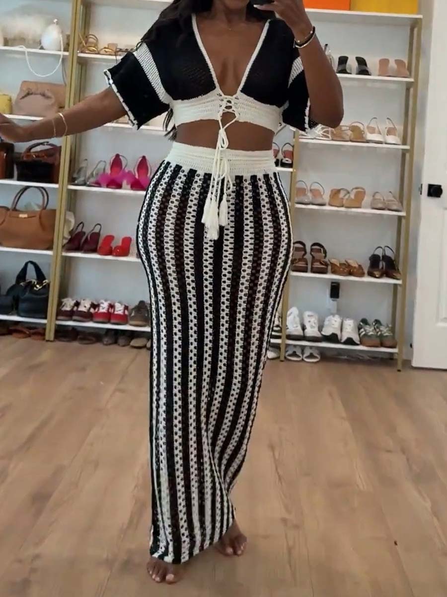 Sexy V Neck Cutout Striped Knit Two Pieces Dress