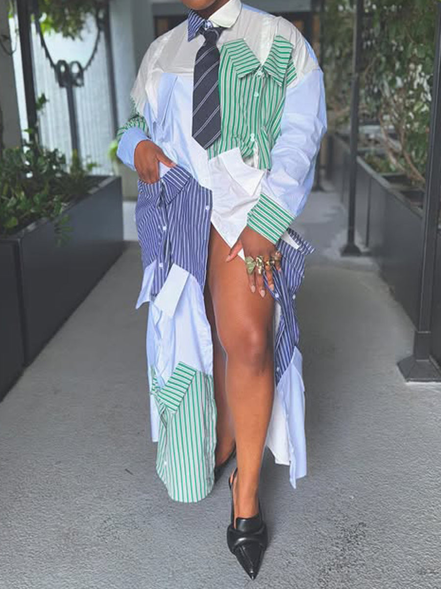 Striped Print Color Block Maxi Dress