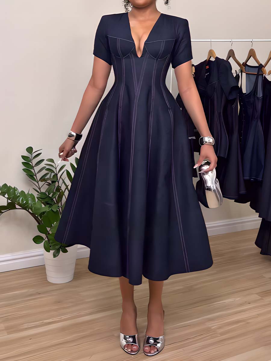 Lace Up V Neck Denim Midi Dress