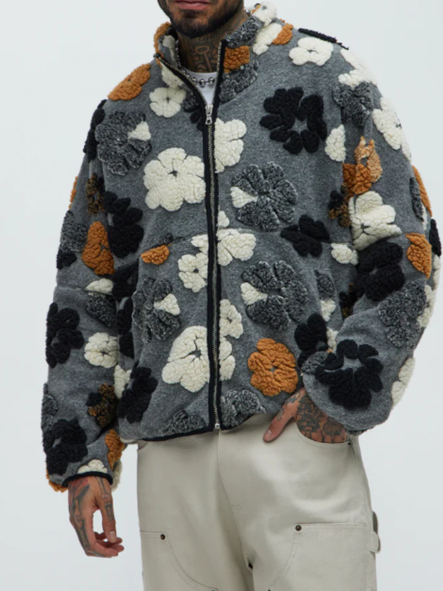 Lambskin Floral Textured Zip Coat