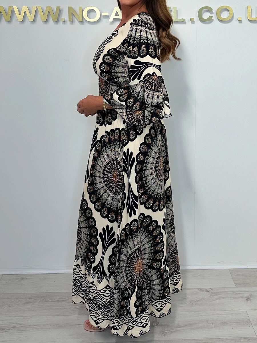 Print V-Neck Smocked Waist Bell Sleeve Dress