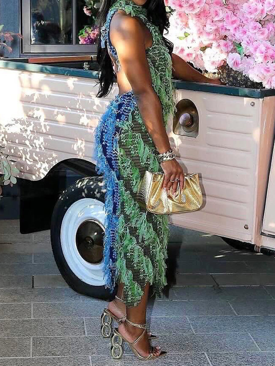 Sexy Turtleneck Sleeveless Tassel See-through Dress