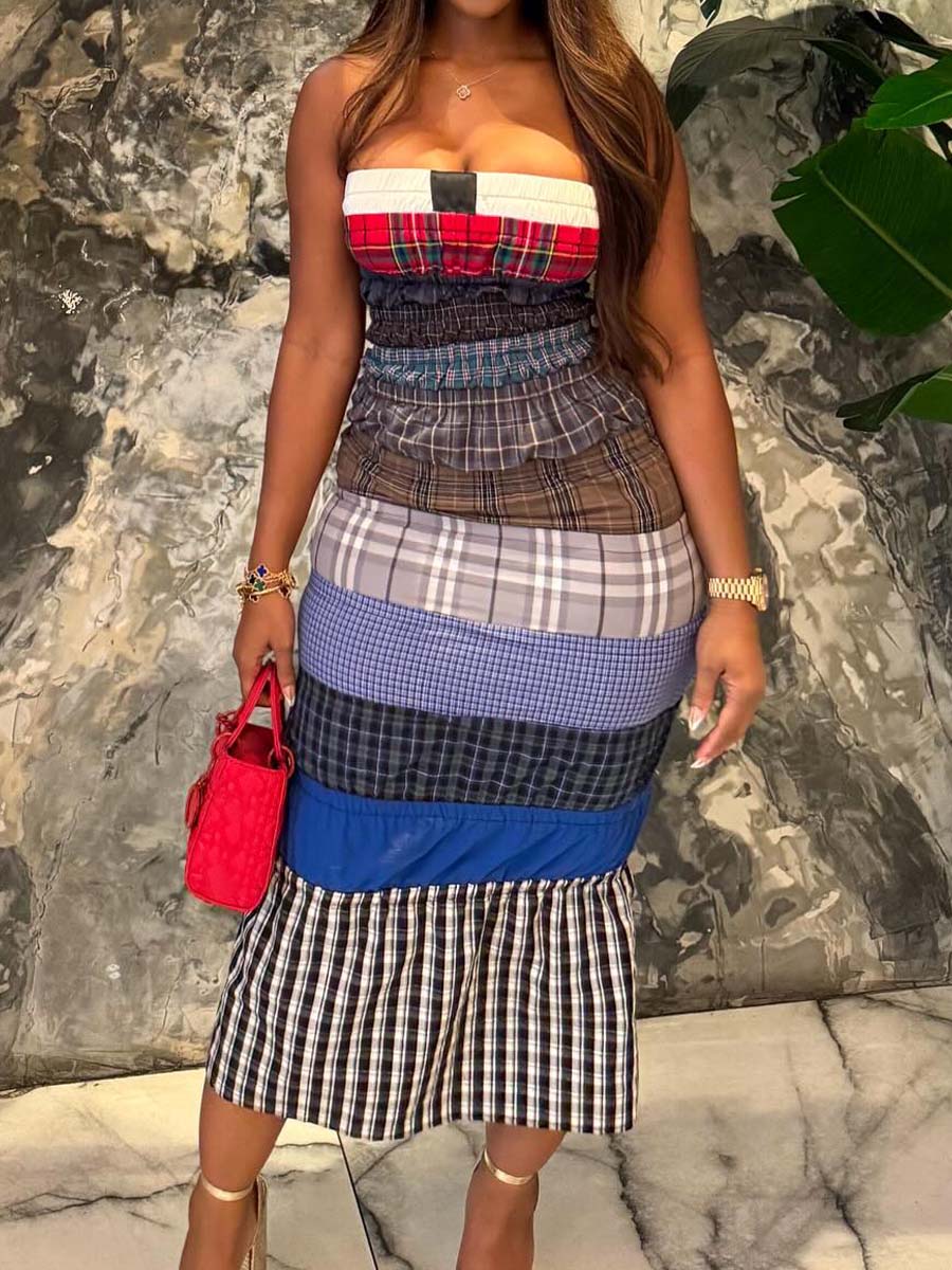 Strappless Patchwork Plaid Sexy Dress
