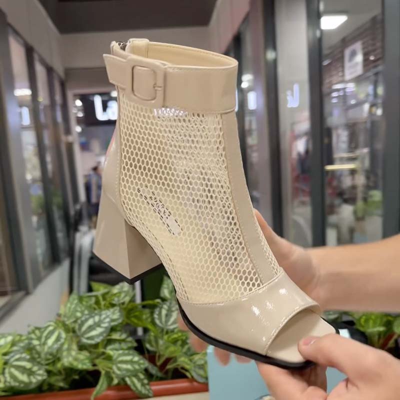 Thick-Heeled Fishmouth Mesh Ankle Boots