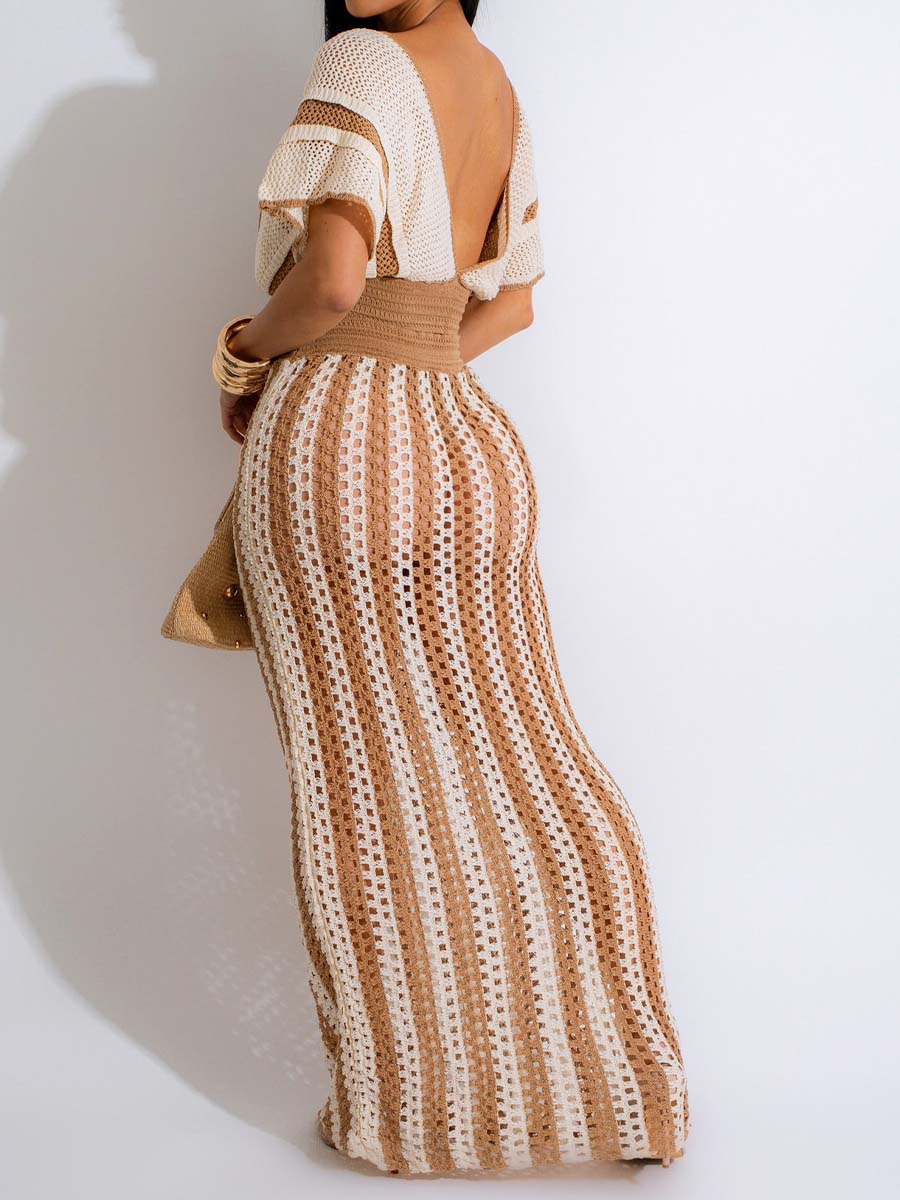 Sexy V Neck Cutout Striped Knit Two Pieces Dress