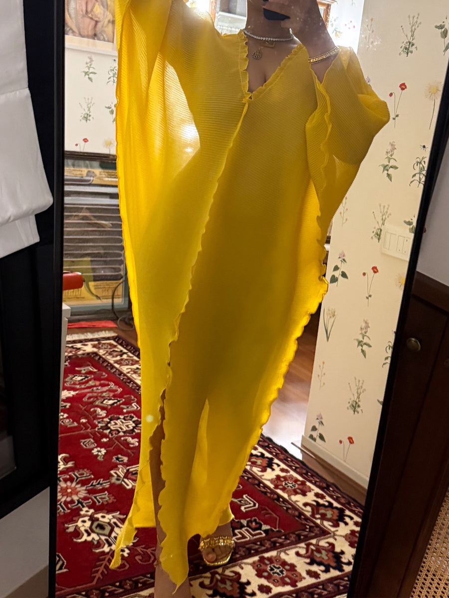 Deep V Neck Pleated Slit Hem Dress