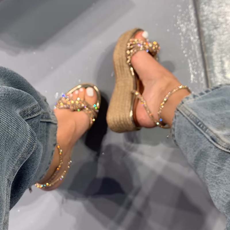 Rhinestone Sparkle Woven Platform Wedge Sandals