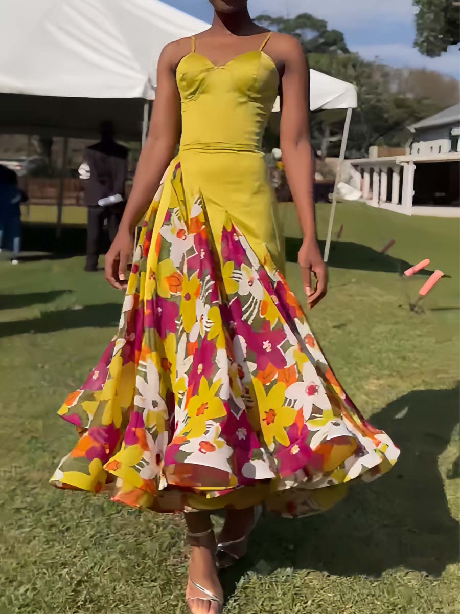 Floral Print Patchwork Sling Dress