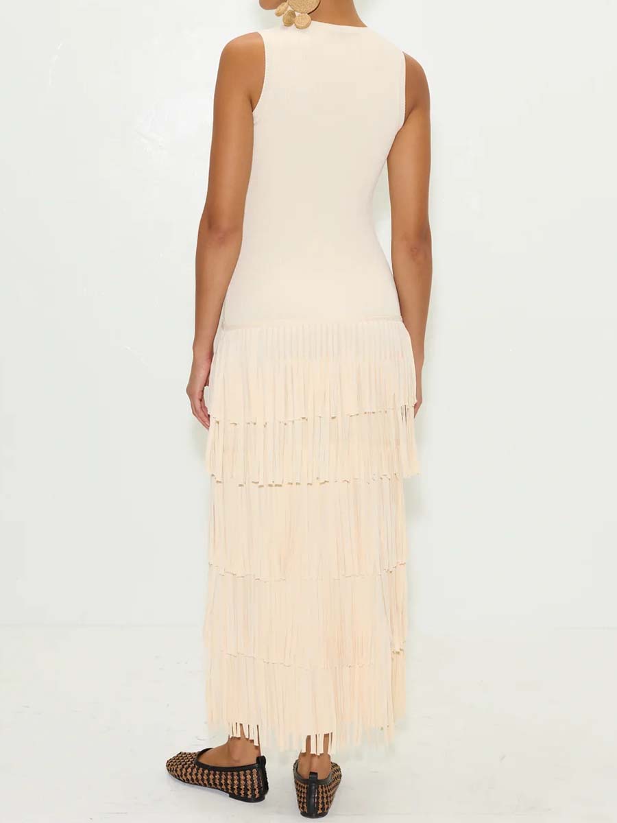 Sleeveless Knit Fringd Maxi Dress