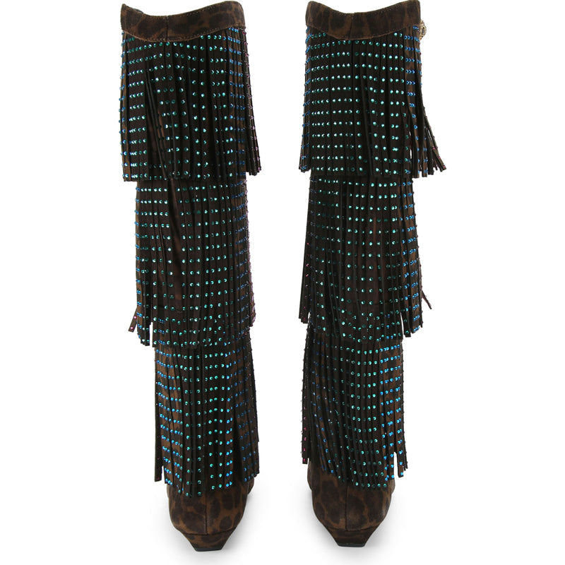 Fashion Crystal Embellished Fringe Western Boots