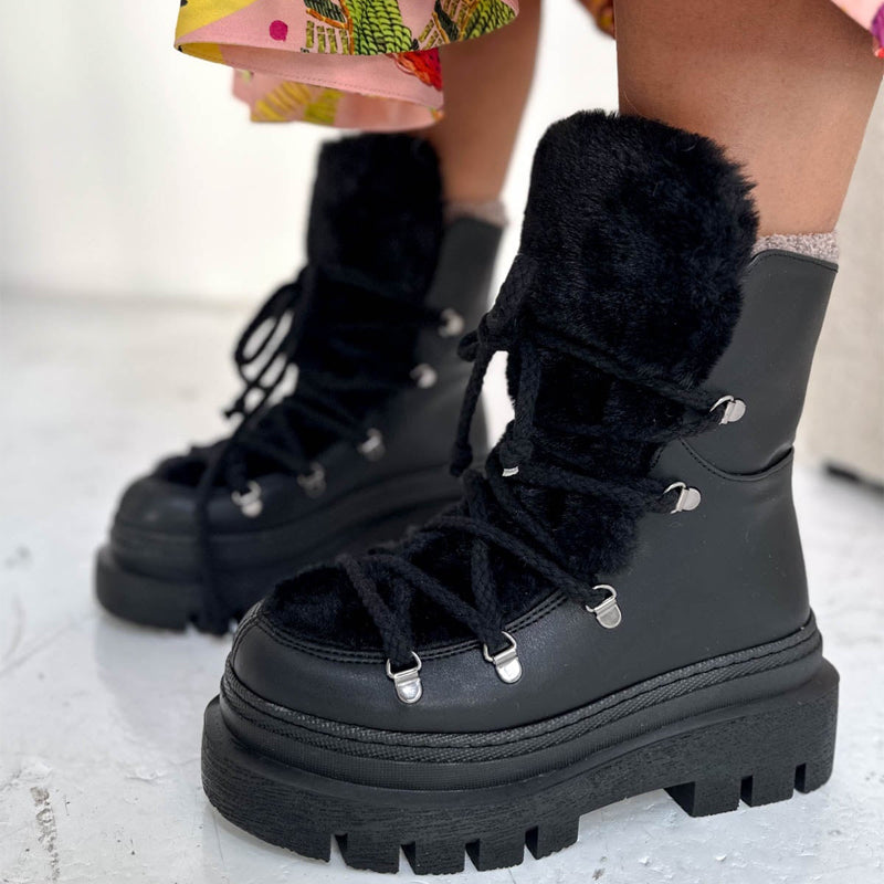 Thick-soled Furry Lace-up Boots