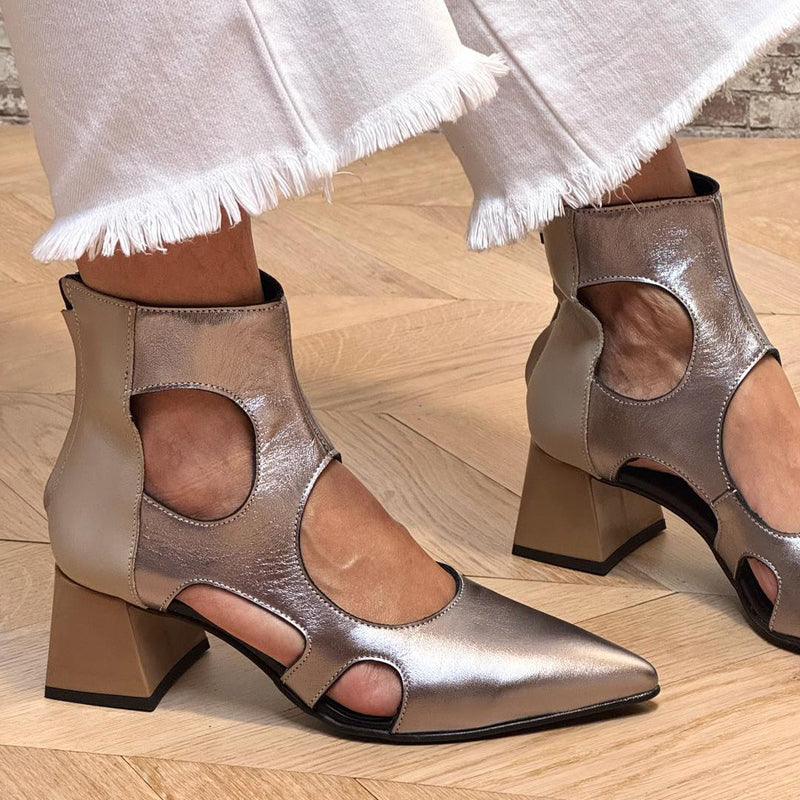 Pointed Block Heel Cutout Ankle Boots