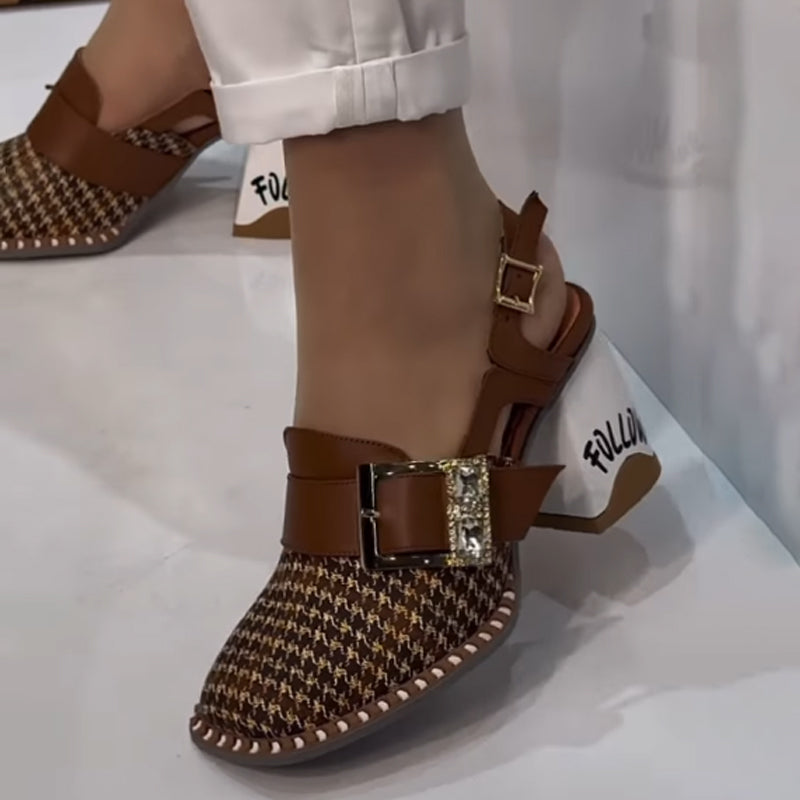 Houndstooth Print Square-Heeled Shoes