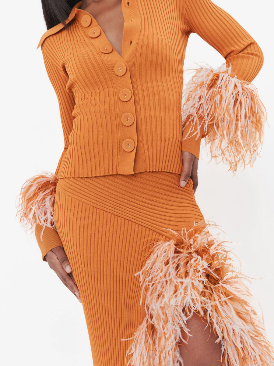 Feathered-cuff Knitted Two Pieces Dress