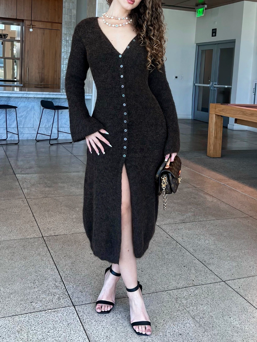 V-Neck Knit Buttoned Dress