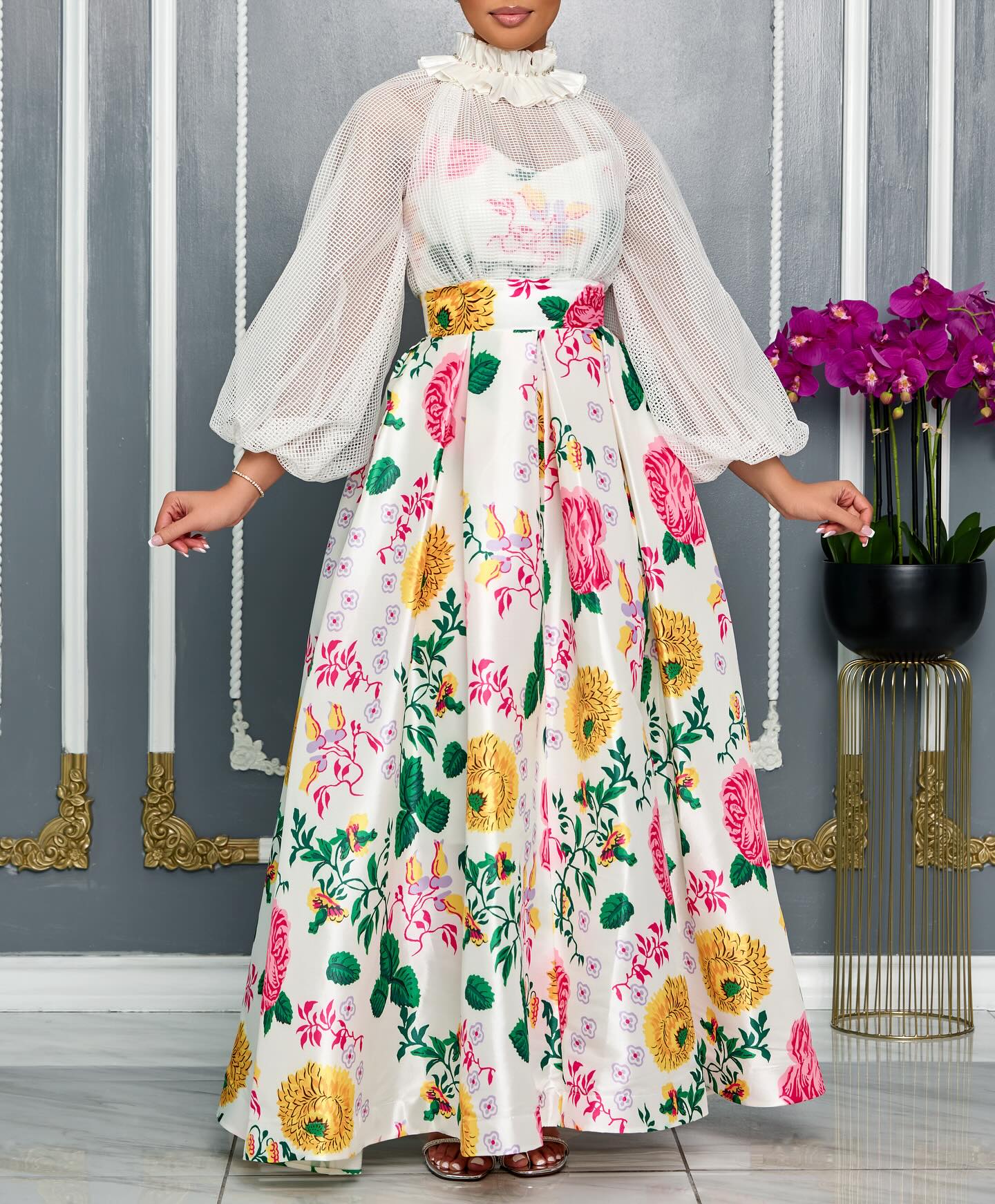 Demure Floral Maxi Occasion Dress