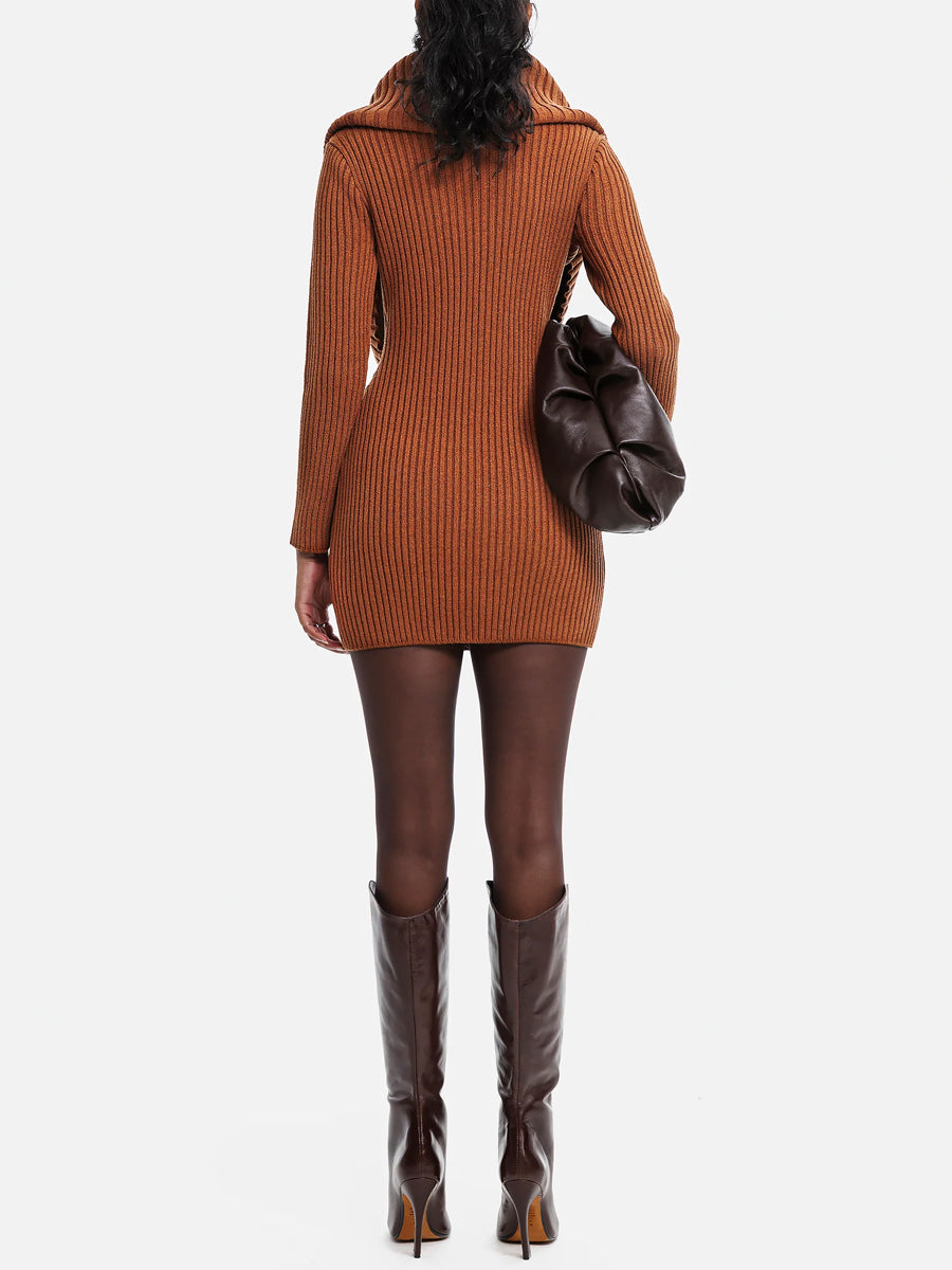 Ribbed Knit Voluminous Cowl Neck Mini Dress