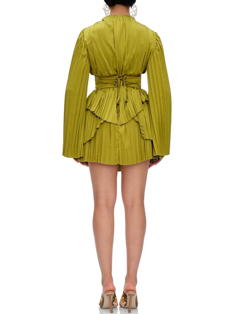 Elegant Long Sleeve Pleated Mini Dress