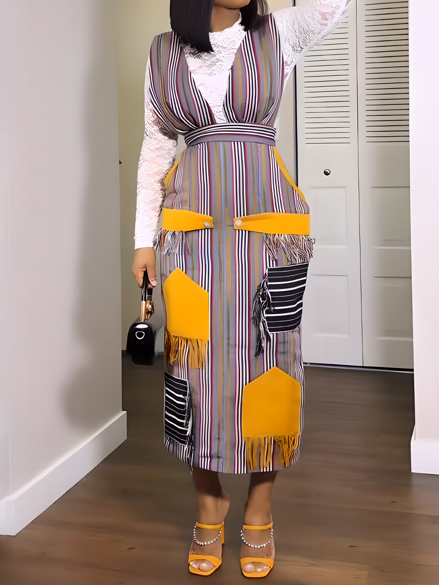 Patchwork Striped Overalls Dress