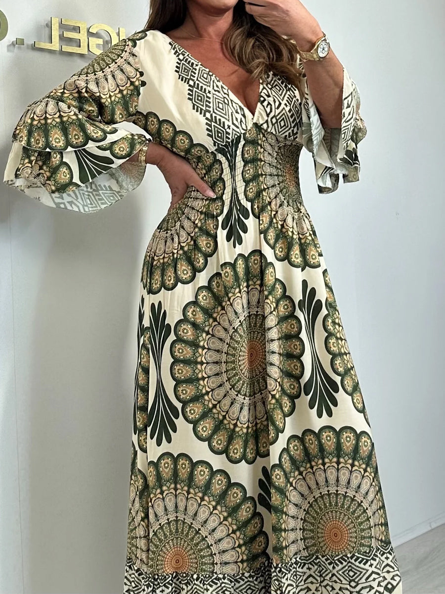 Print V-Neck Smocked Waist Bell Sleeve Dress