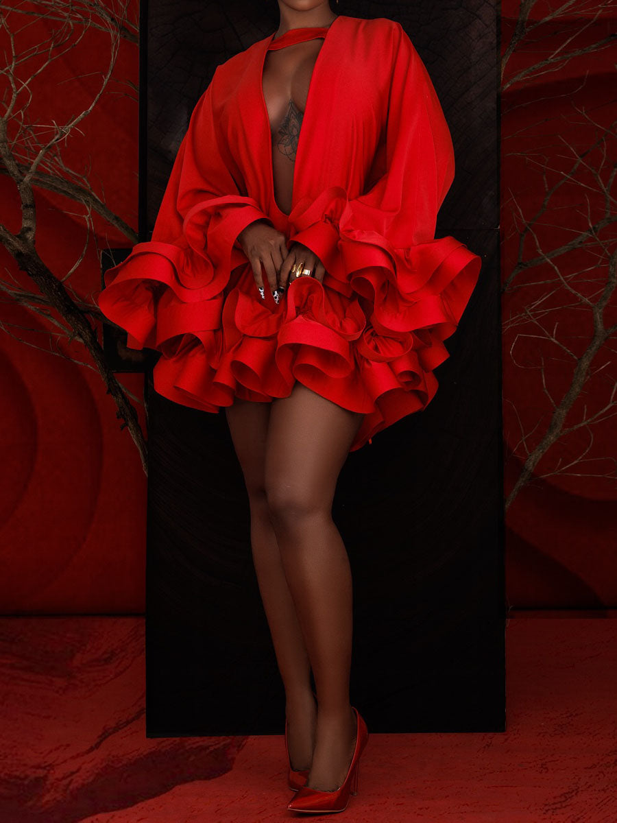 Flouced Deep V Neck Mini Dress