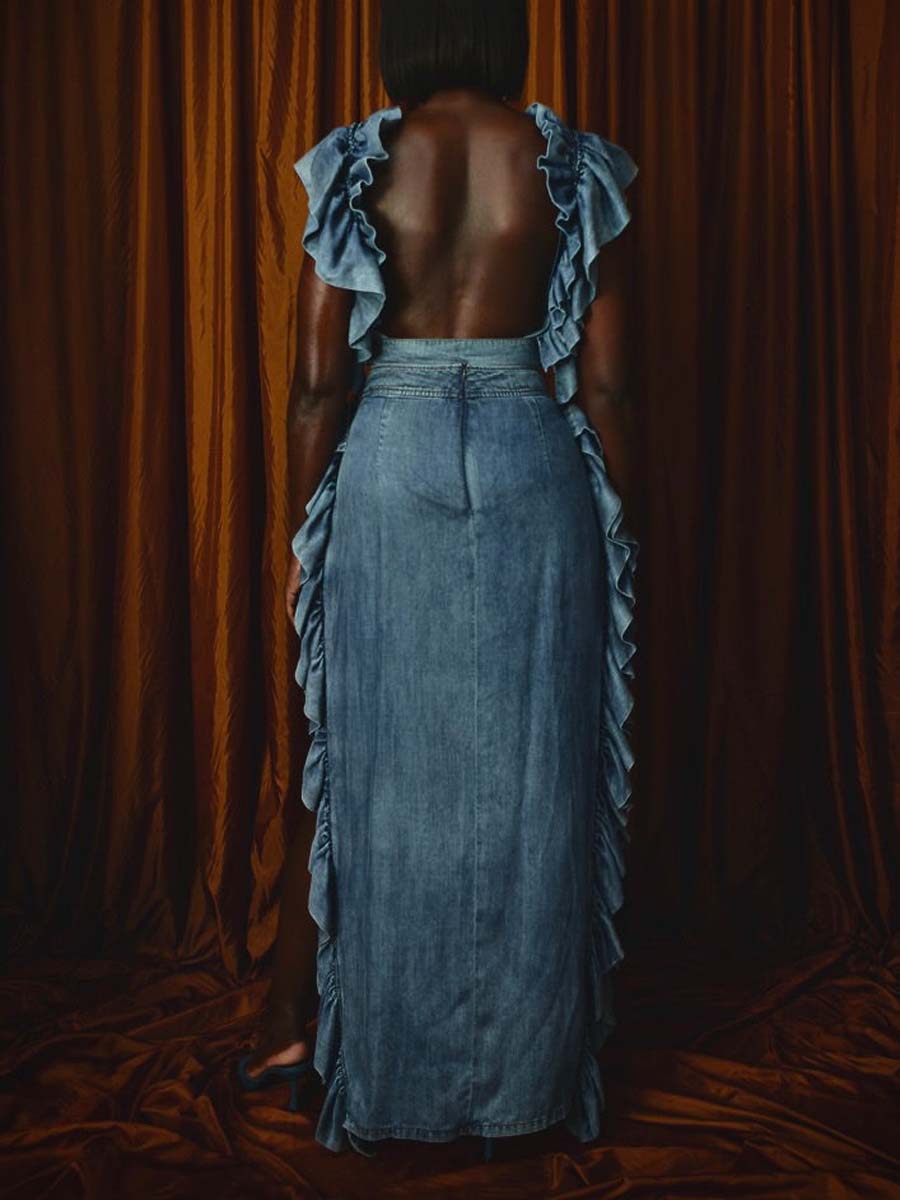 Denim Ruffled Off Shoulder Two Pieces Dress