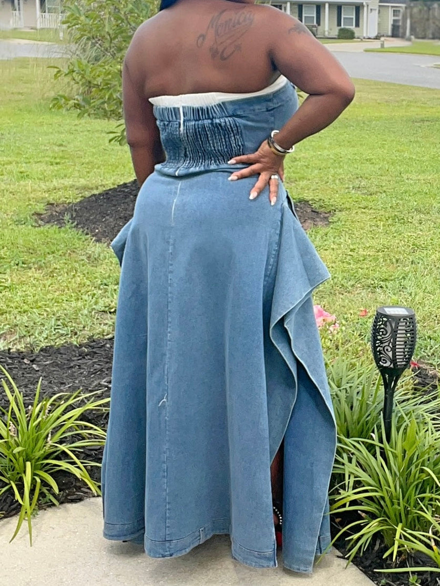 Strapless With Contrast Neck Denim Dress
