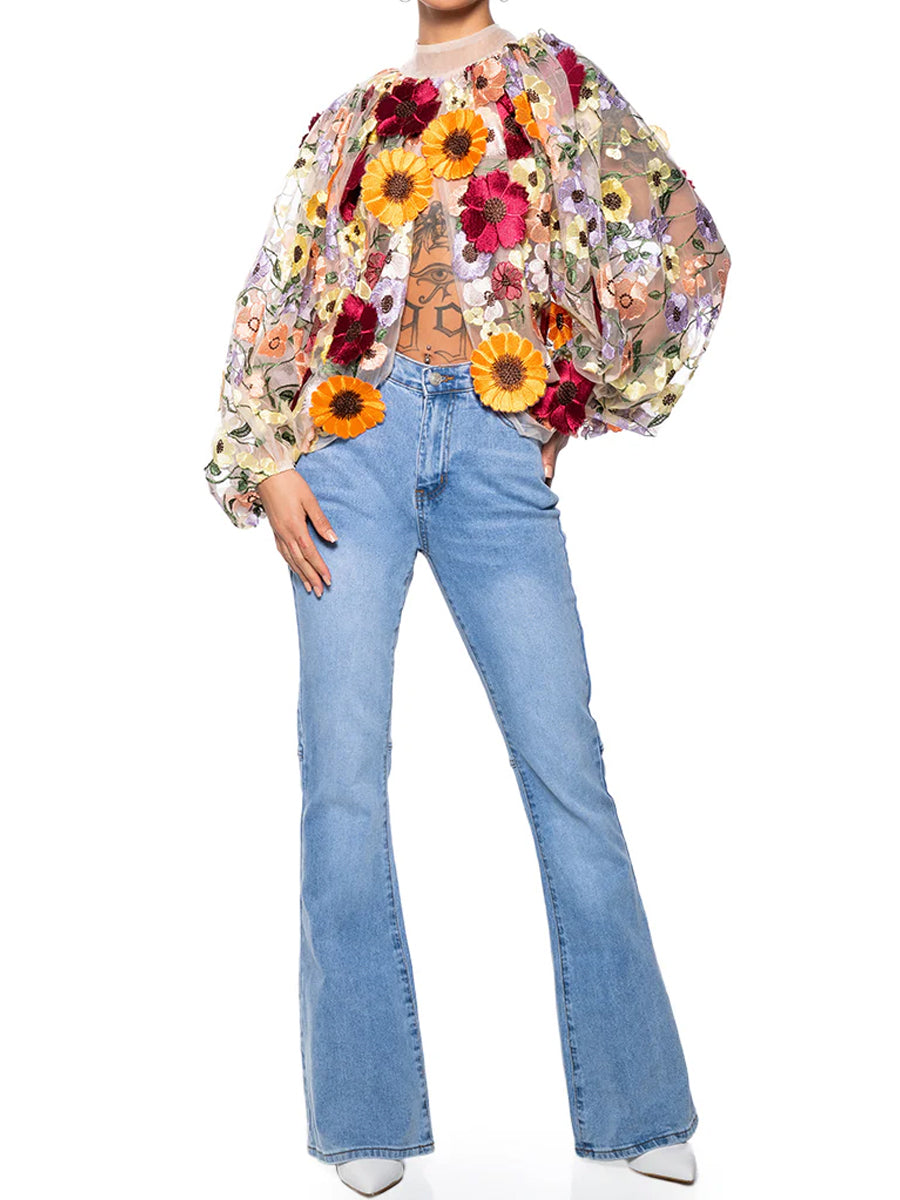 3D Flower Mock Neck Blouse