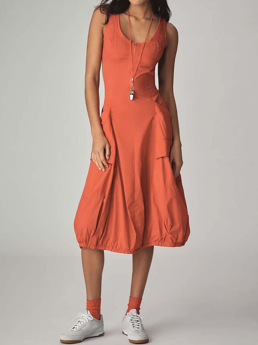 Scoop Neck Pockets Bubble-hem Midi Dress
