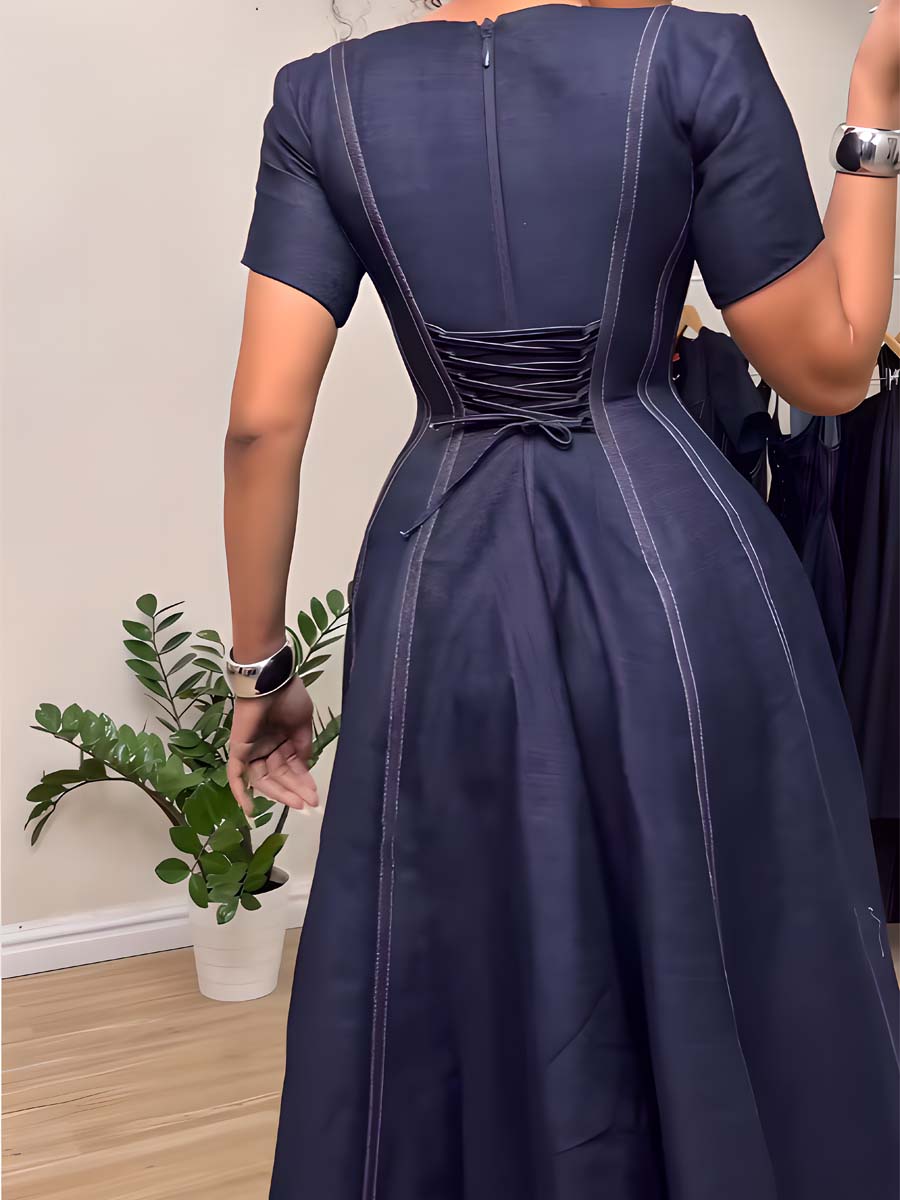 Lace Up V Neck Denim Midi Dress