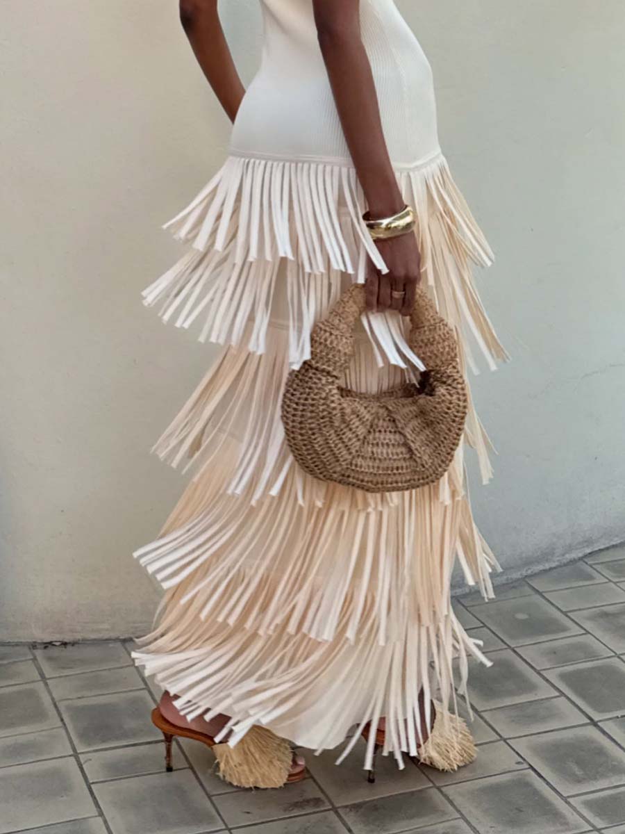 Sleeveless Knit Fringd Maxi Dress