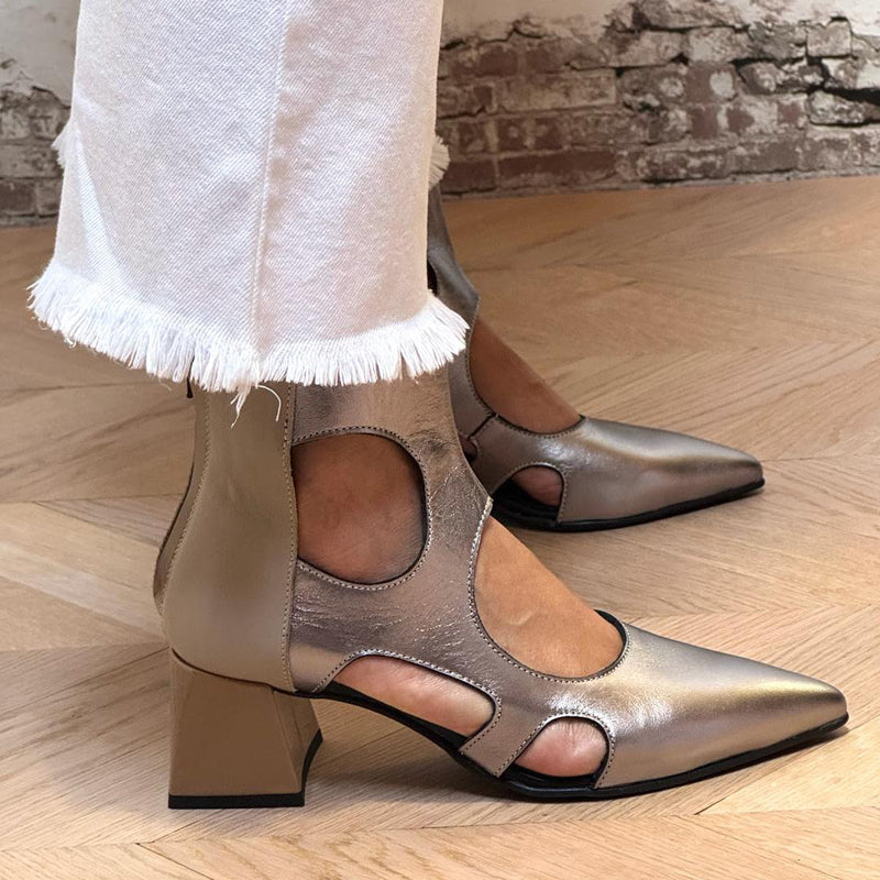 Pointed Block Heel Cutout Ankle Boots