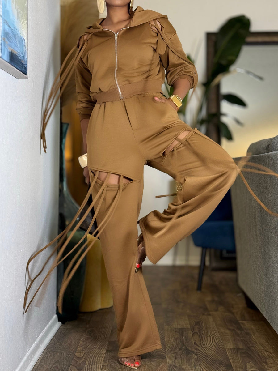 Hooded Elasticized Waist Tassels Two Pieces Set