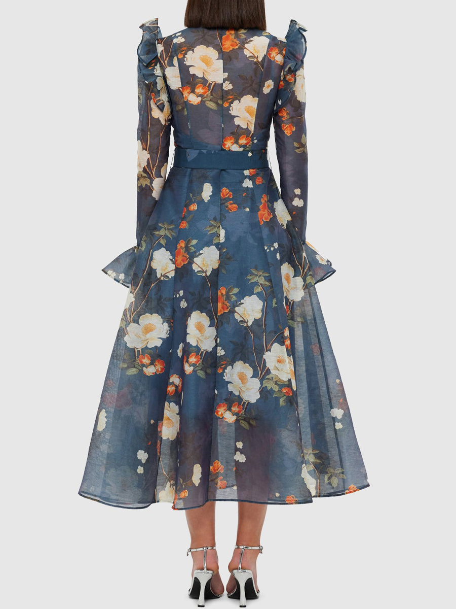 High Collared Neck Printed Ruffled Dress