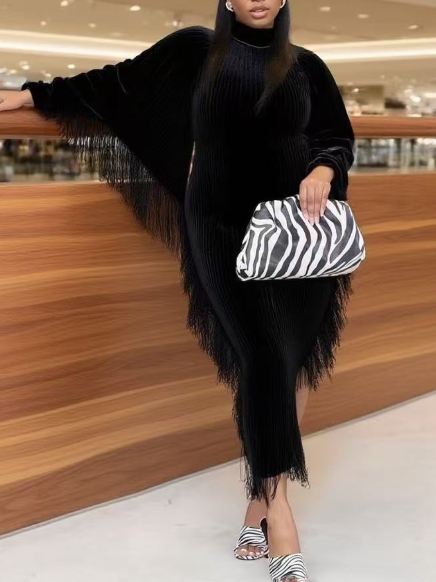 Crewneck Batwing Sleeve Tassel Knit Dress